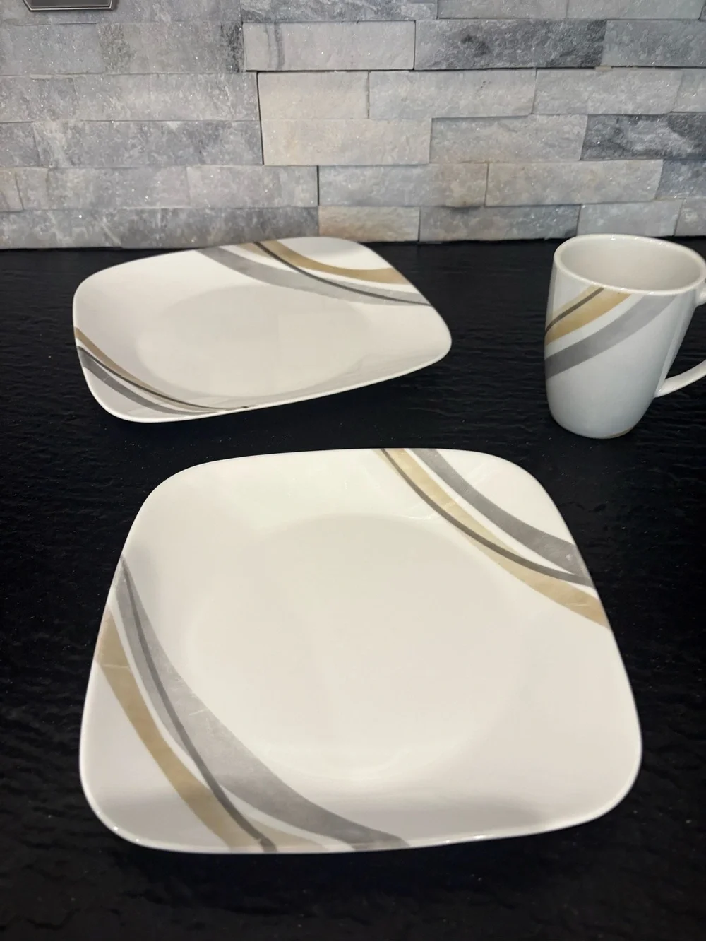 White Ceramic Dinnerware Set with Gold and Gray Accent Stripe - Home Dining